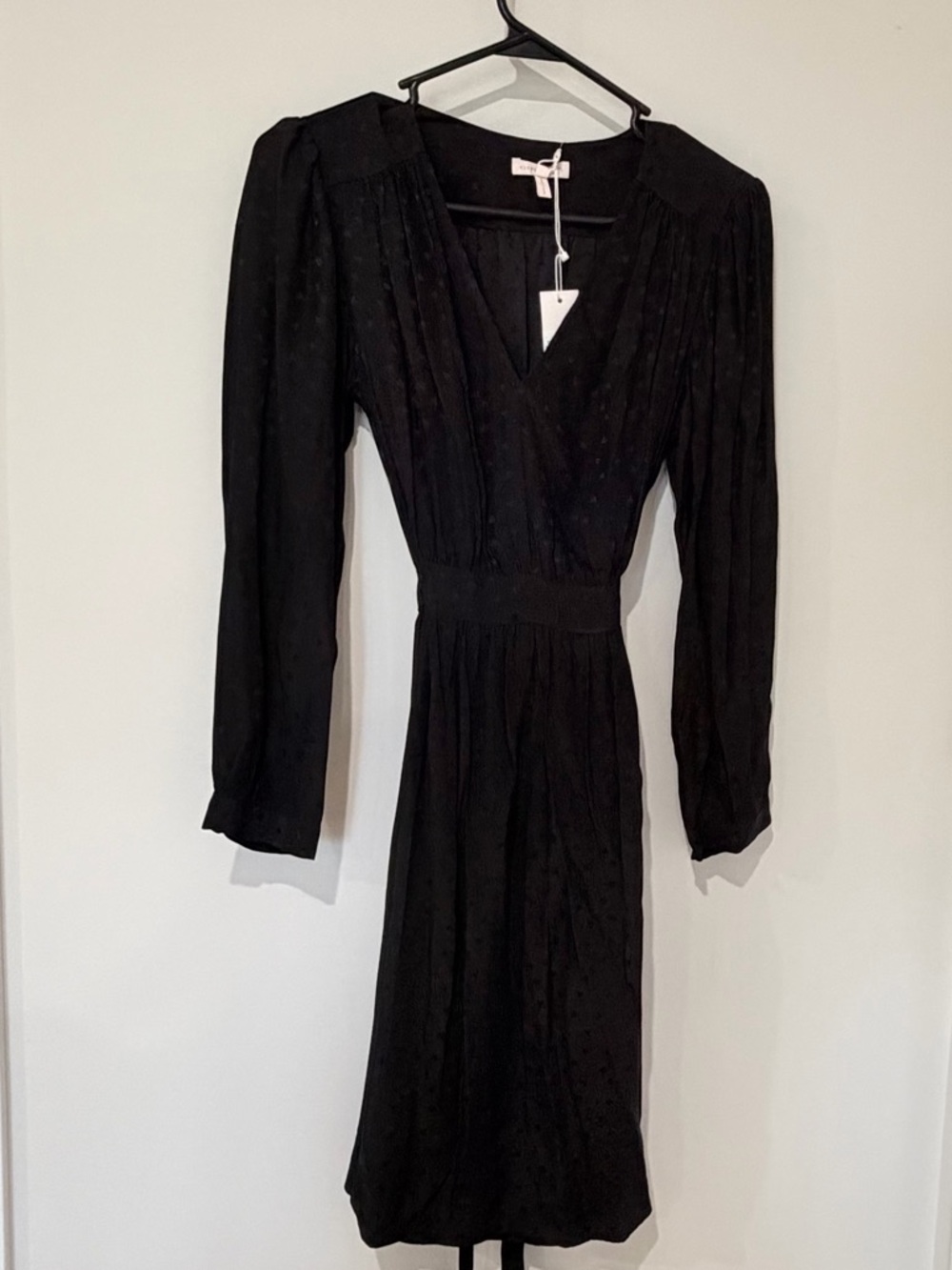 NWT Rebecca Taylor Silk Heart print Black Long-Sleeve V-Neck belted-Waist Dress